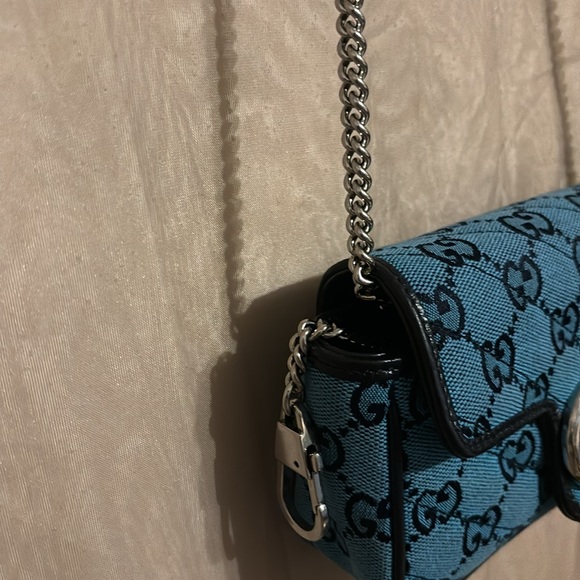 Gucci Gg Marmont Flap Bag Diagonal Quilted Gg Canvas Super Mini Blue. - Picture 3 of 8